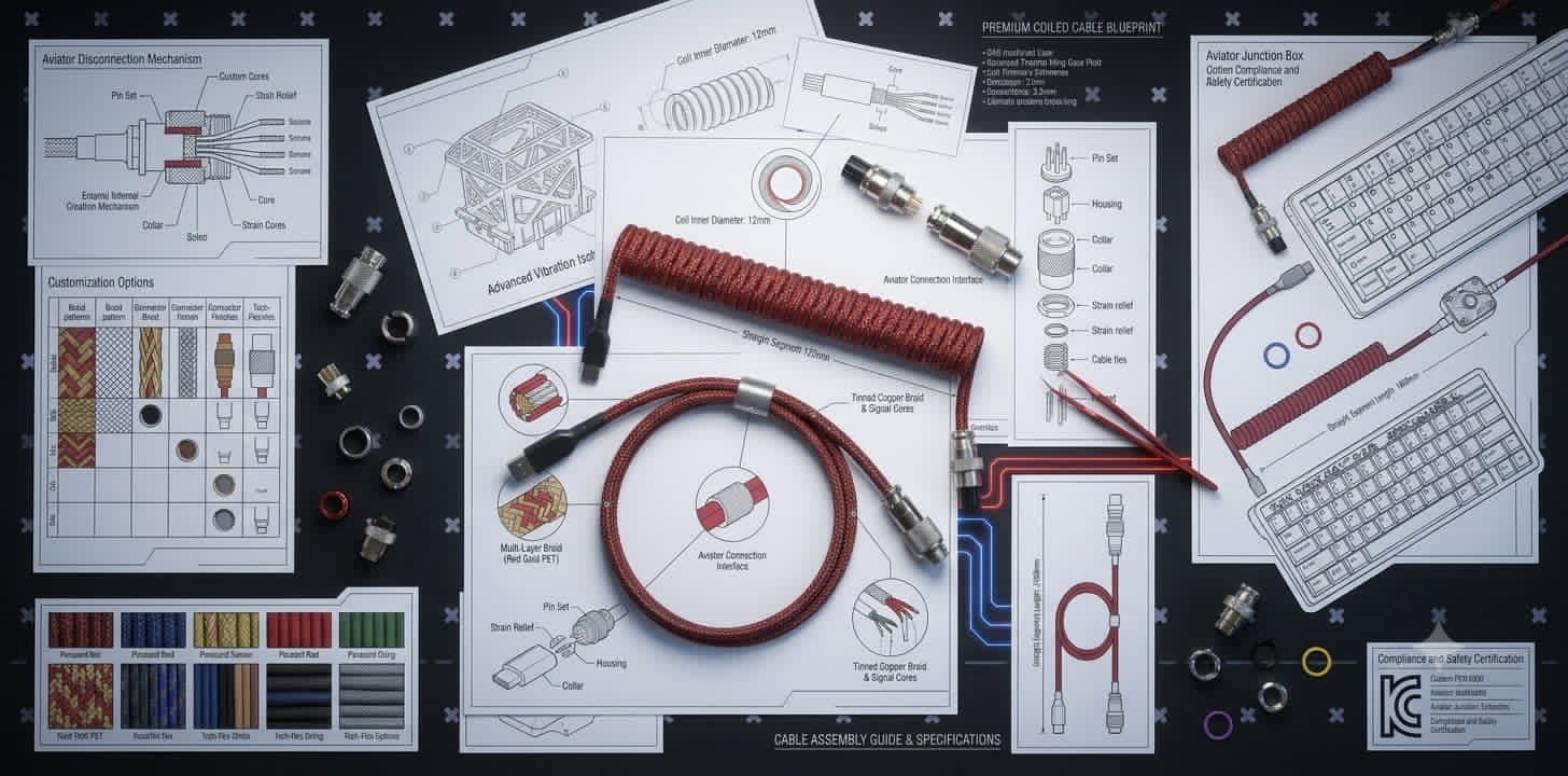Sơ đồ kỹ thuật và hướng dẫn lắp ráp cáp bàn phím cơ coiled cable màu đỏ, bao gồm chi tiết các loại đầu nối Aviator, tùy chọn bọc dây và thông số kỹ thuật.