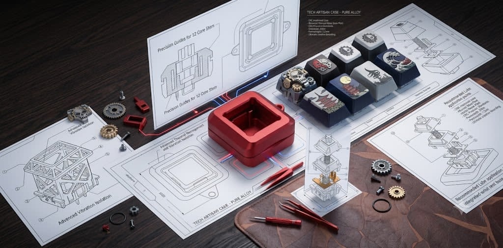 "Sơ đồ kỹ thuật và bản vẽ lắp ráp chi tiết của bộ case bàn phím cơ artisan cao cấp bằng hợp kim nhôm, đi kèm keycap custom và các linh kiện lắp ráp,
